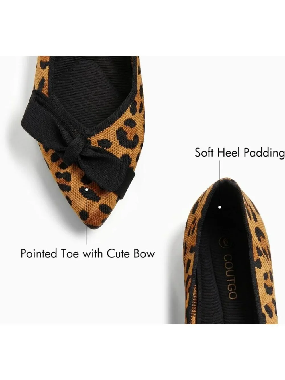 Coutgo Women's Leopard Rubber Knit Bow Pointed Toe Flat Breathable Slip On Shoes